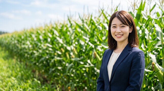 プロフィール写真をイメージした、豊かなトウモロコシ畑を背にして穏やかな笑顔をカメラに向けている知的な印象の20代日本人女性社員のバストアップポートレート