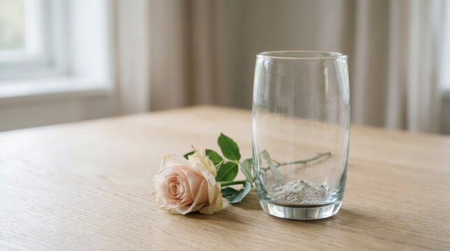 Empty glass with ash and pale pink rose lying on wooden table near window. Grief, loss and memory concept. Minimal still life for memorial and remembrance design