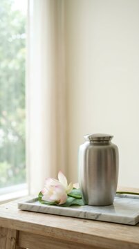 Metal cremation urn on marble tray with lotus flower by window. Serene memorial and remembrance concept for grief, loss and funeral tribute in peaceful bright interior home decor.