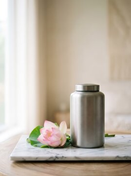Metal cremation urn with pink lotus flower on marble slab in bright interior. Concept of remembrance, mourning and peaceful farewell. Memorial tribute for funeral service and loss