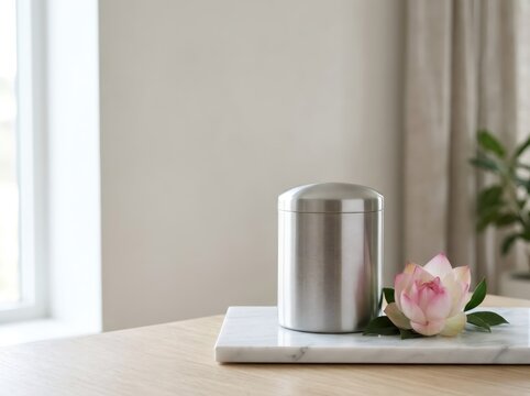 Silver metal cremation urn with pink lotus flower on white marble slab on wooden table in bright room. Remembrance and mourning concept. Memorial tribute and farewell symbol for funeral service