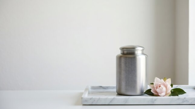 Metal cremation urn on marble tray with pink lotus flower. Minimalist memorial and remembrance concept with copy space. Peaceful tribute for loss and grief support