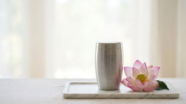 Metal urn for ashes on marble tray with pink lotus flower. Memorial cremation container and remembrance concept. Peaceful farewell and grief support background with copy space.