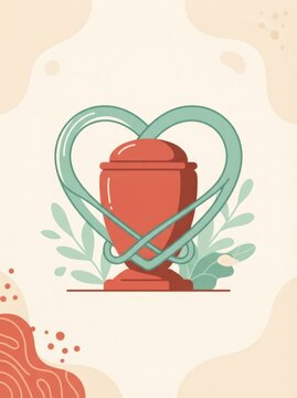 Red cremation urn wrapped with heart shaped ribbon and leaves on beige background. Memorial service and grief remembrance concept. Funeral tribute illustration for obituary and condolence card