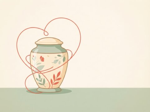 Decorative floral cremation urn with heart shaped line art on pastel background. Memory, grief and remembrance concept for funeral service and memorial keepsake illustration