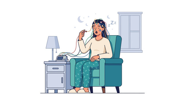 Woman undergoing sleep study with EEG electrodes and polysomnography equipment in a comfortable chair at night