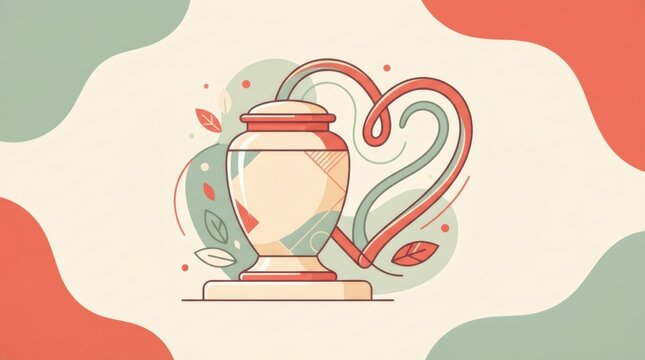 Decorative ceramic vase with abstract heart shaped line art. Minimalist home decor illustration with botanical leaf element. Modern aesthetic concept for interior decoration and gift card