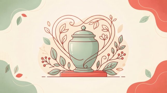 Illustration of cremation urn surrounded by heart shaped floral vine with leaves and berries. Memorial and remembrance concept for funeral service and grief support background