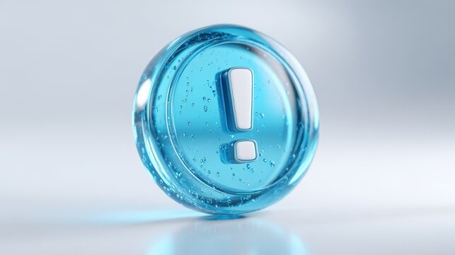 A shiny blue glass circle with an exclamation mark stands upright under soft studio lighting. Important notice concept for warning and safety designs.