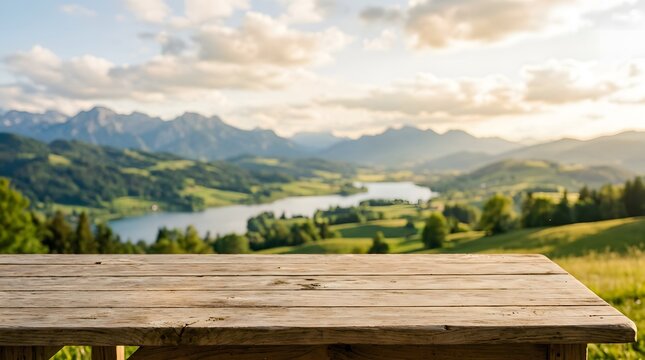 Empty rustic wooden table with a scenic view of a mountain lake at sunset for product display