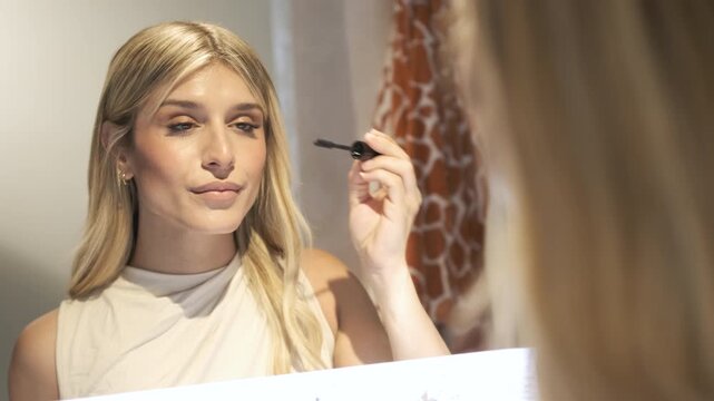 Reflection of crop young transgender woman using mascara applicator on eyelashes while doing makeup in mirror at bathroom