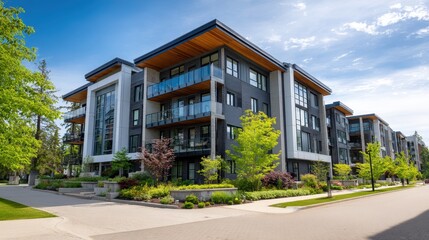 Fototapeta premium Modern architectural apartment buildings with balconies and lush green landscaping under a bright sunny sky. Contemporary real estate development concept for urban housing.