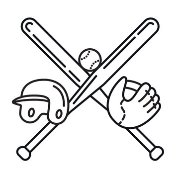 Baseball bats, helmet, ball and glove vector line icon. Symbol for National Baseball Day on September 22