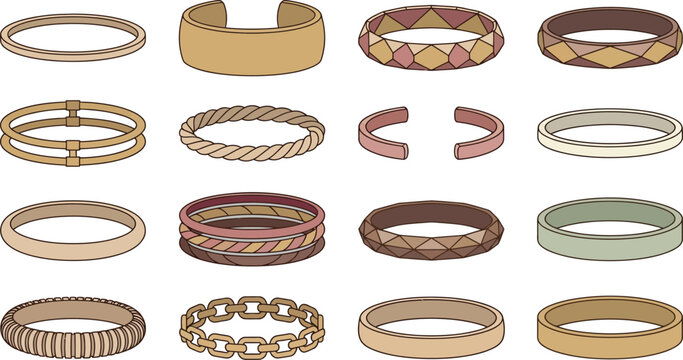 Collection of diverse bangles and bracelets in warm tones vector illustration
