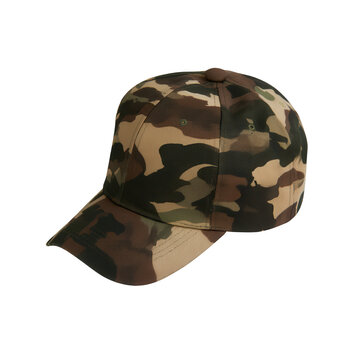 Camouflage baseball cap isolated on white background, military style headwear accessory.