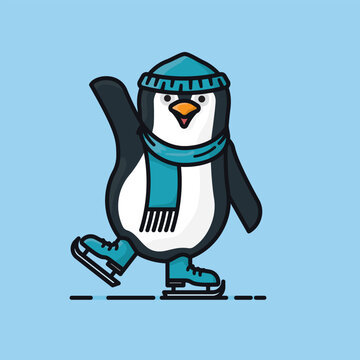 Cartoon penguin on ice skates vector illustration for World Penguin Day on April 25.