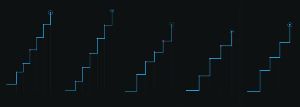 Five glowing digital stair graphs representing growth trends on dark background