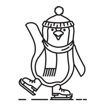 Cartoon penguin on ice skates vector line icon for World Penguin Day on April 25.