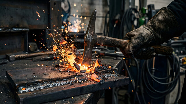 Metalworker chips slag off a freshly welded steel seam using a chipping hammer.