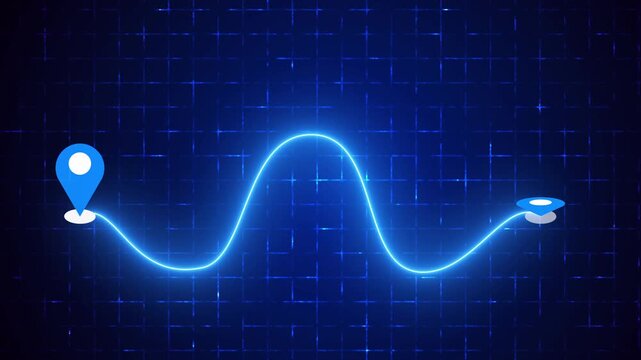 4K Neon Wave Route with Map Pin on a grid background. Glowing Wave GPS navigation route for delivery services, Online shops, UI, Buying process, and Business Marketing.