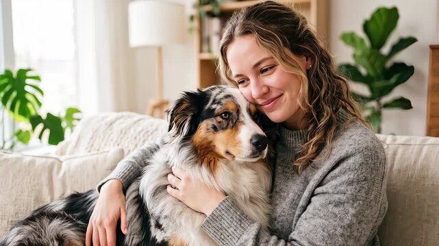 Smiling woman cuddling an Australian Shepherd dog on a sofa. Happy pet owner hugging her canine companion in a bright living room. Animal affection concept