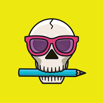 Cartoon human skull wearing pink sunglasses with pencil in jaw vector illustration for World Design Day on April 27