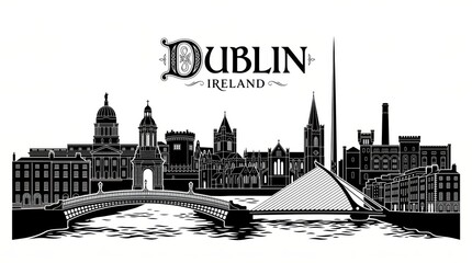Obraz premium Extremely detailed Dublin, Ireland landmark-rich silhouette with refined DUBLIN lettering.
