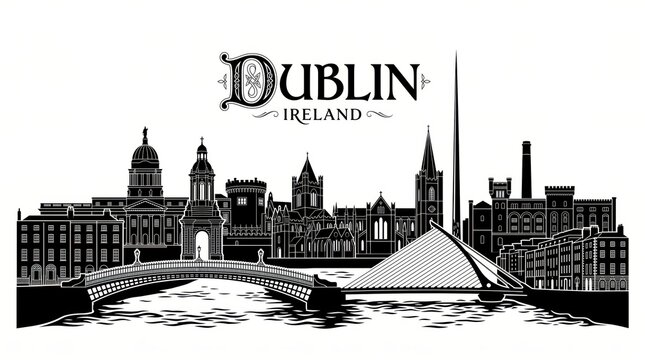 Extremely detailed Dublin, Ireland landmark-rich silhouette with refined DUBLIN lettering.