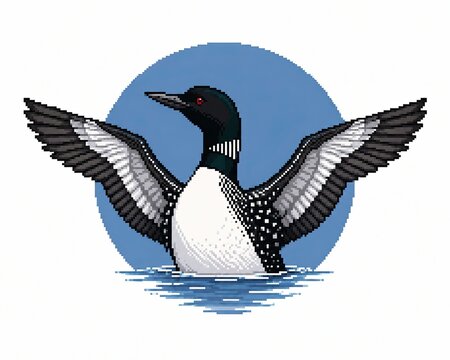 Pixel art common loon bird with wings spread open on blue circle