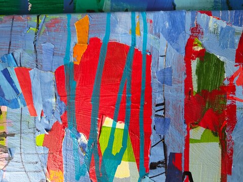 Blue Abstract Painting with Red Drip and Teal Stripe Texture