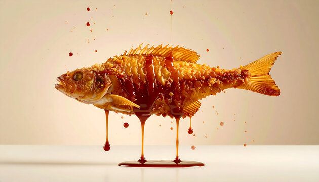 A whole fried fish covered in a dark, dripping sauce, standing upright in a studio setting.