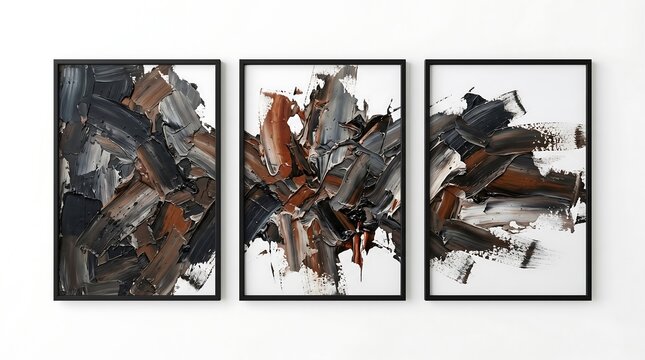 Abstract oil painting triptych with thick impasto brushstrokes. Three black frames featuring expressive brown, grey, and charcoal textures. Modern wall art set on white background