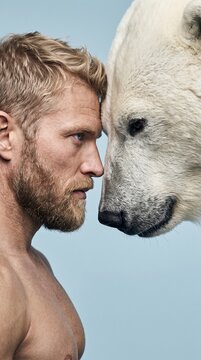 Polar bear and bearded man face to face in deep connection.