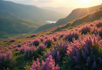 Obraz premium Heather Shrubs Adorning Hillside Evergreen Mounds Velvet Texture Blooms
