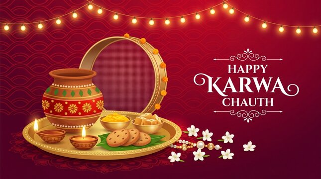 Karwa Chauth festival tray with diya, sweets, and vibrant background.
