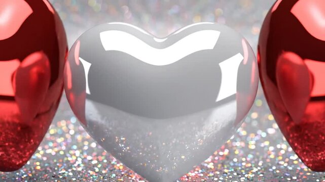 Red and white 3D hearts on sparkly silver background