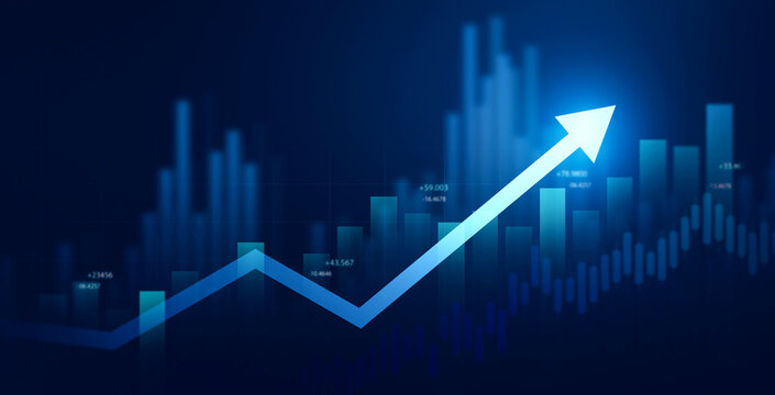 Business financial chart with moving up arrow graph.Financial data charts with glowing stock market graphs.Stock market investment data and analysis finance graph.	

