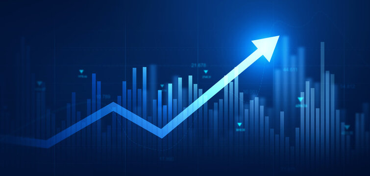 Business financial chart with moving up arrow graph.Financial data charts with glowing stock market graphs.Stock market investment data and analysis finance graph.	
