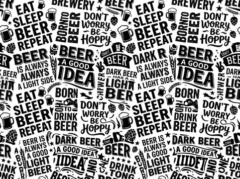 Black and white pattern with beer, slogans, and related icons funny animal emoji