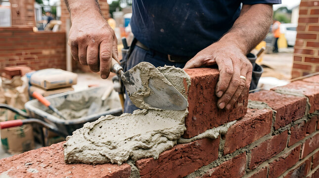 Mason applies mortar with a trowel while laying bricks to construct a sturdy wall on a busy construction site.