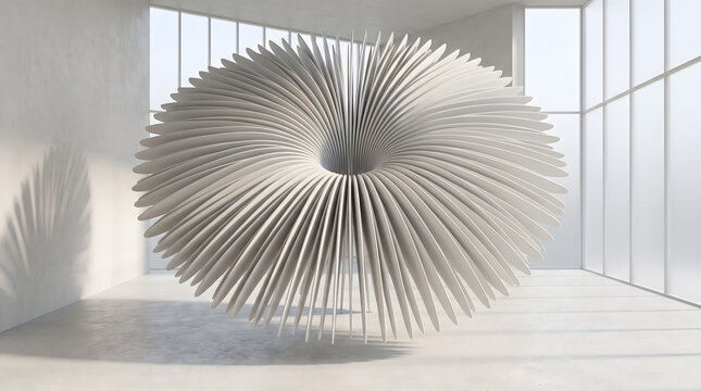 Torus ring white parametric finned sculpture in sunlit room