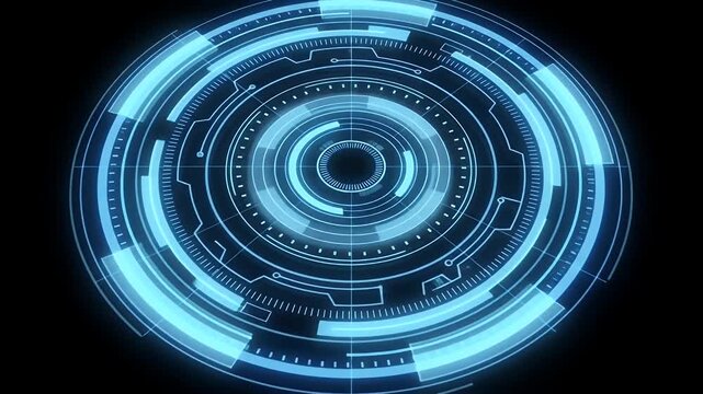 Futuristic circular data interface with glowing blue elements.