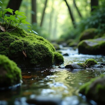 Moss Covered Rocks in Humid Forest Stream Tranquil Woodland Detail Natural Element Water