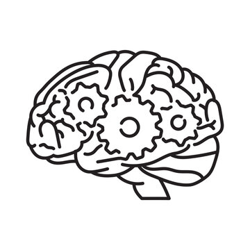Human brain with brain convolutions shaped like cogs vector line icon. Symbol for World Creativity and Innovation Day on April 21.