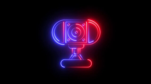 Glowing neon Security Camera for Video Surveillance, Monitoring and Protection  Icon on black background.
