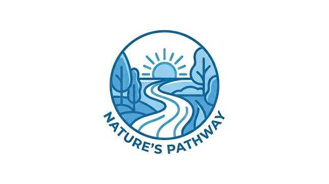 Nature pathway circular logo with river and trees