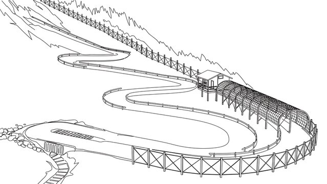 Aerial view of a winding race track white background.