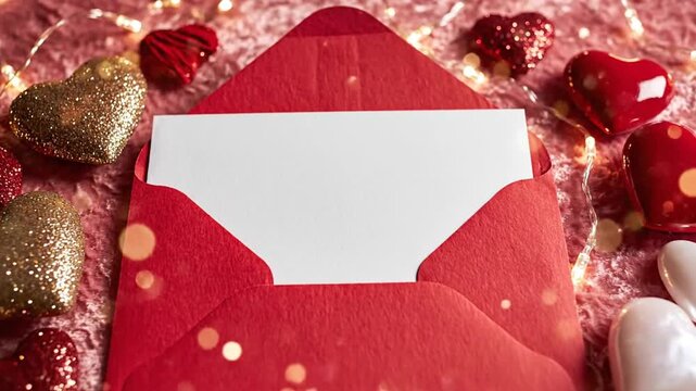 Red envelope with blank card and glitter hearts on pink