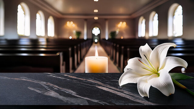 White calla lily and glowing candle on black granite with blurred chapel background banner.