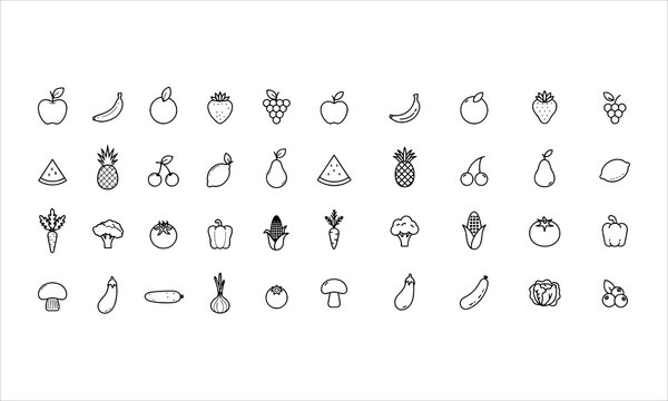 Set outline icons related to fruits, vegetables and berries. Linear icon collection. Editable stroke. Vector illustration